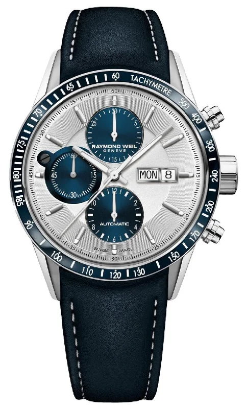 waterproof watches for men with shockproof design and GPS support-Raymond Weil Freelancer Automatic Chronograph Stainless Steel Silver Dial Blue Leather Strap Day/Date Mens Watch 7731-SC3-65521