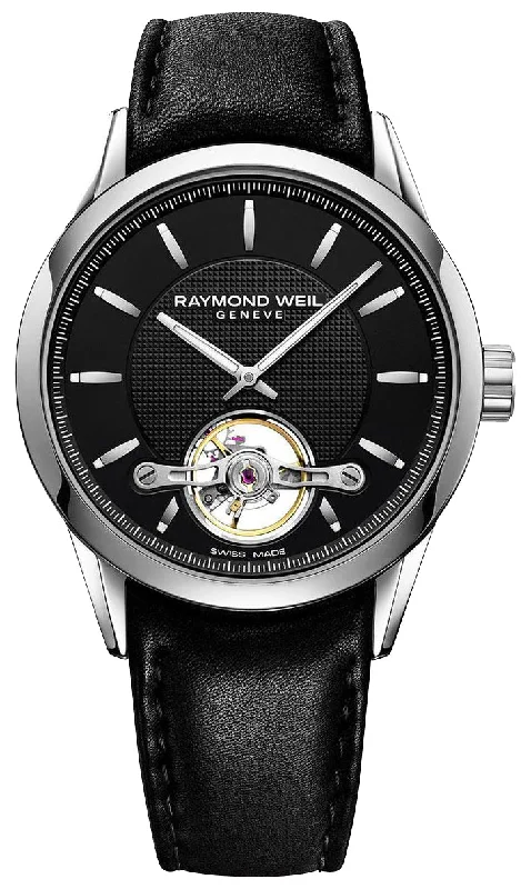 hybrid fitness trackers with built-in GPS for outdoor activities-Raymond Weil Freelancer Automatic Stainless Steel Black Dial Black Leather Strap Mens Watch 2780-STC-20001