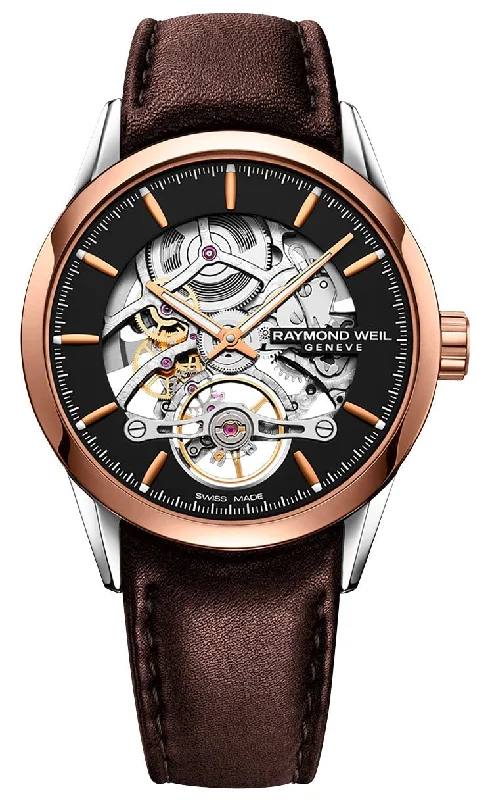 hybrid watches for women with modern digital features and classic design-Raymond Weil Freelancer Automatic Two-Tone Stainless Steel Skeleton Dial Brown Leather Strap Mens Watch 2785-SC5-20001