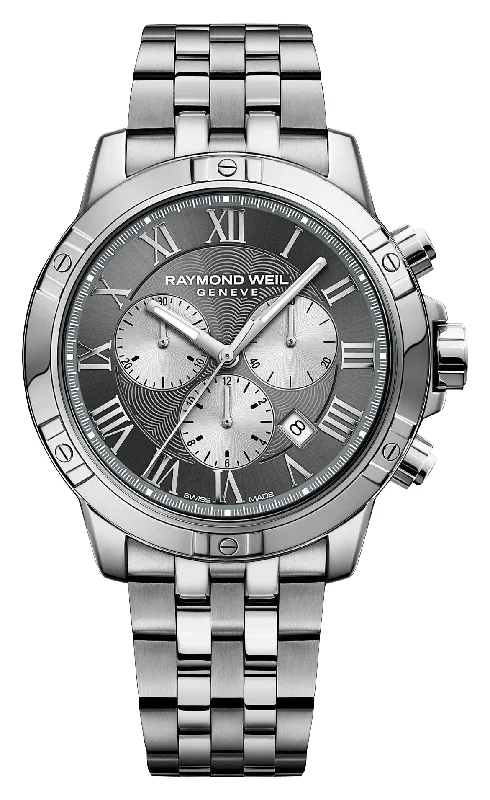 luxury watches with mechanical movement and stainless steel bands-Raymond Weil Tango Chronograph Stainless Steel Gray Dial Date Divers Quartz Mens Watch 8560-ST-00606