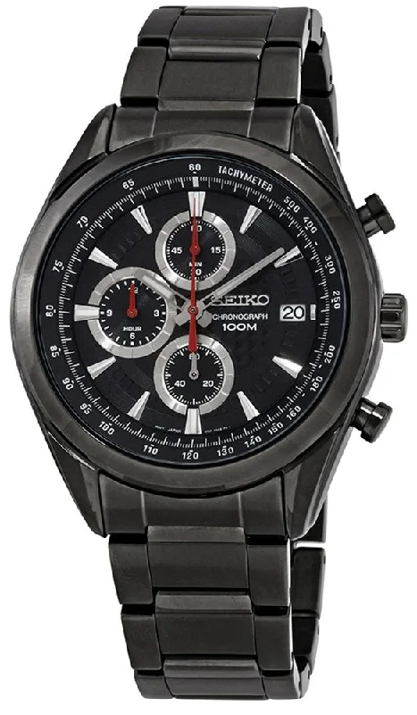 women’s watches with minimalist design and leather strap-Seiko Chronograph Black Stainless Steel Black Dial Quartz Date Mens Watch SSB179P1