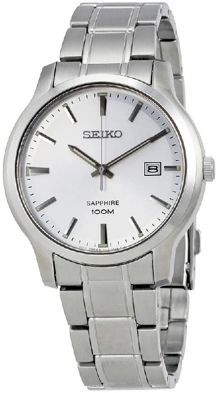 digital fitness watches with workout tracking and sleep monitor-Seiko Neo Classic Stainless Steel Mens Watch Silver Dial Date SGEH39P1