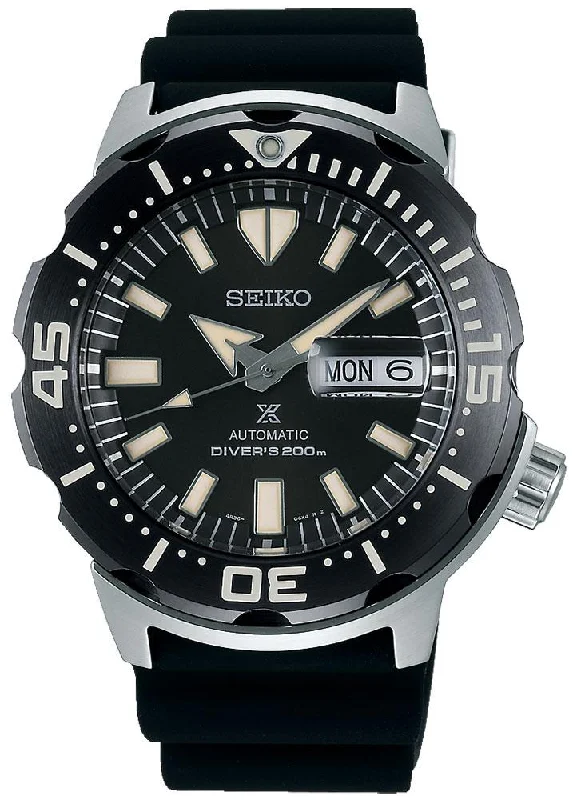 sport watches with heart rate monitor and step tracker-Seiko Prospex Automatic Black Silicone Strap Black Dial Day-Date Divers Mens Watch SRPD27K1