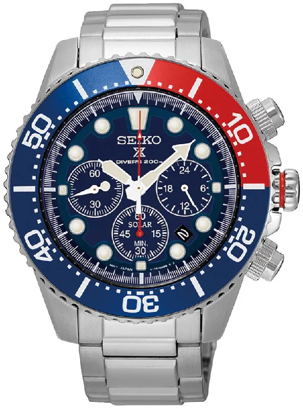 fitness watches with step counter, heart rate, and GPS tracking-Seiko Prospex Solar Chronograph Stainless Steel Blue Dial Date Divers Mens Watch SSC783P1