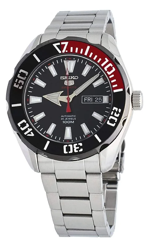 men’s wristwatches with rugged design and water resistance-Seiko Stainless Steel Seiko 5 Sports Automatic Black Dial Day Date Mens Watch SRPC57K1