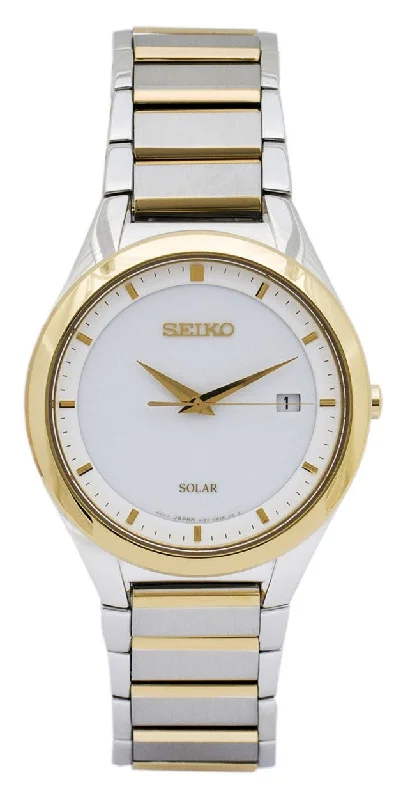 men’s digital watches with calendar and timer functions-Seiko Two-Tone Stainless Steel White Dial Date Solar Quartz Mens Watch SNE246P1