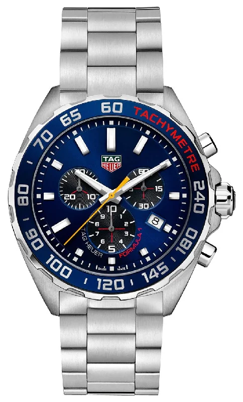 waterproof men’s watches with digital display and workout tracking-Special Edition TAG Heuer Formula 1 X Red Bull Racing Chronograph Stainless Steel Blue Dial Date Divers Quartz Mens Watch CAZ101AK.BA0842