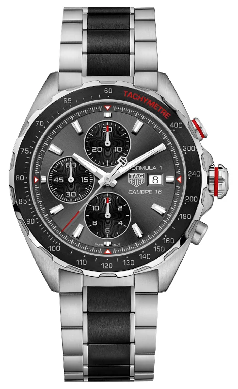 women’s sport watches with heart rate sensor and sleep tracker-TAG Heuer Formula 1 Automatic Chronograph Stainless Steel & Ceramic Gray Dial Date Divers Mens Watch CAZ2012.BA0970