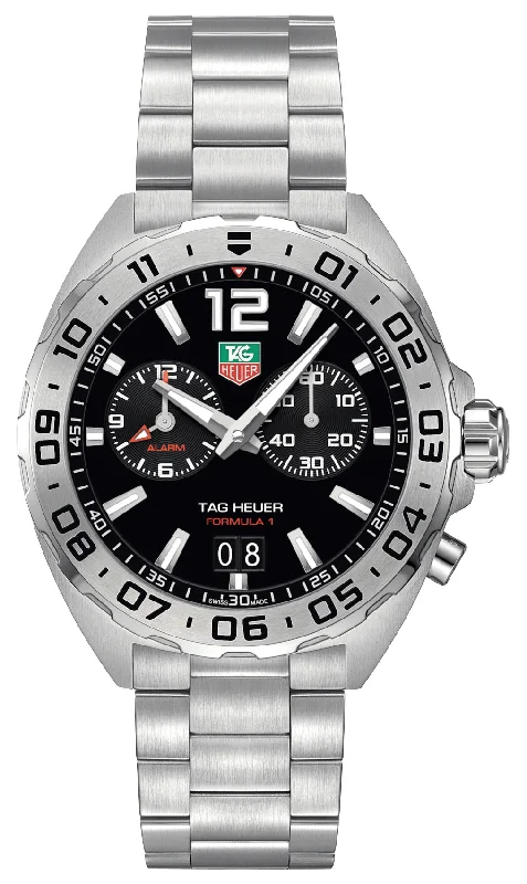 waterproof men’s watches with digital display and workout tracking-TAG Heuer Formula 1 Stainless Steel Black Dial Date Alarm Divers Quartz Mens Watch WAZ111A.BA0875