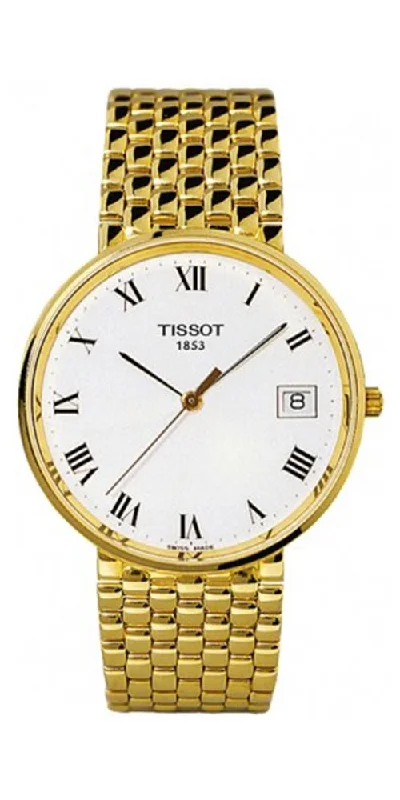 sport watches with GPS, heart rate monitor, and pedometer-Tissot Goldrun 14K Yellow Gold White Dial Date Quartz Mens Watch T73240313