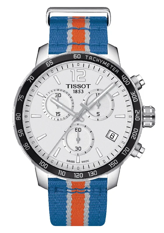 luxury watches for women with diamond-encrusted dials and leather bands-Tissot Quickster Special Edition NBA New York Knicks Chronograph Stainless Steel Silver Dial Blue/Orange Textile Strap Date Quartz Mens Watch T095.417.17.037.06