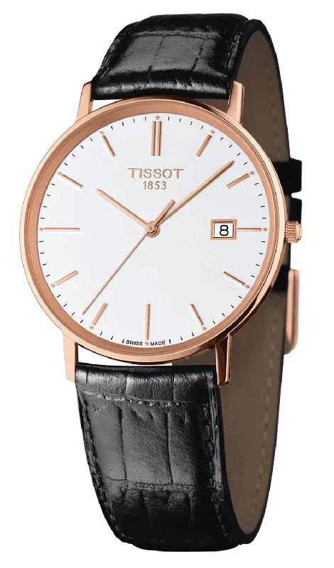 smartwatches with advanced fitness tracking and message notifications-Tissot T-Gold Goldrun 18K Rose Gold White Dial Black Leather Strap Date Quartz Mens Watch T9224107601100