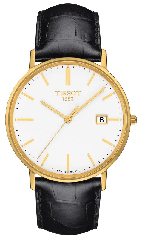 waterproof sport watches with step counter and sleep monitor-Tissot T-Gold Goldrun 18K Yellow Gold White Dial Black Leather Strap Date Quartz Mens Watch T9224101601100