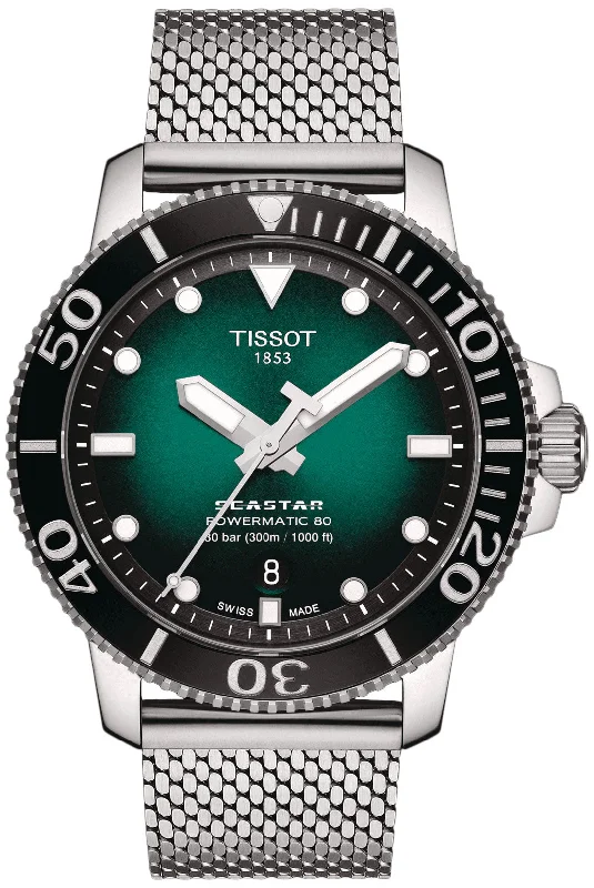 sport watches with heart rate monitor and step tracker-Tissot T-Sport Seastar 1000 Automatic Powermatic 80 Green Dial Stainless Steel Mesh Mens Watch T120.407.11.091.00