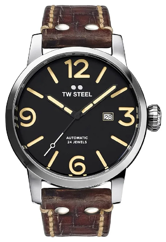 titanium sport watches with built-in GPS and weather app-TW Steel Maverick Automatic Stainless Steel Brown Leather Black Dial Date Mens Watch MS6