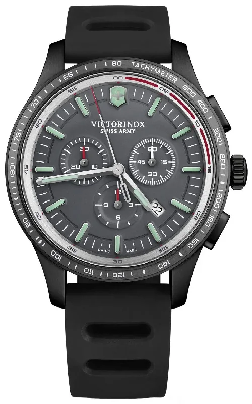 luxury watches with skeleton movement and modern design-Victorinox Swiss Army Alliance Sport Chronograph Black Stainless Steel Black Rubber Strap Grey Dial Date Mens Watch 241818