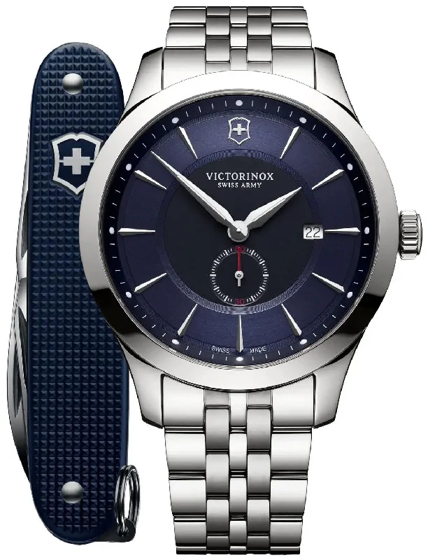 diving watches with digital features and waterproof construction-Victorinox Swiss Army Alliance Stainless Steel Blue and Black Dial Date Mens Watch with Pioneer Knife 241763.1