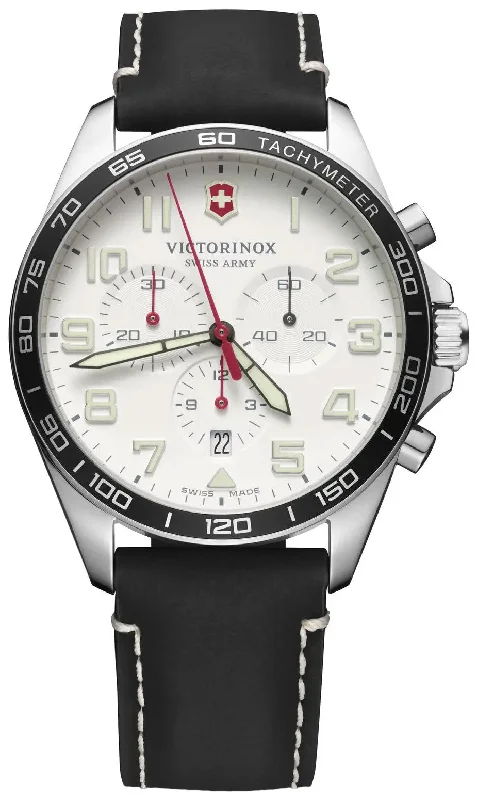 men’s smartwatches with fitness monitoring and activity tracking-Victorinox Swiss Army FieldForce Chronograph Stainless Steel Black Leather White Dial Date Mens Watch 241853