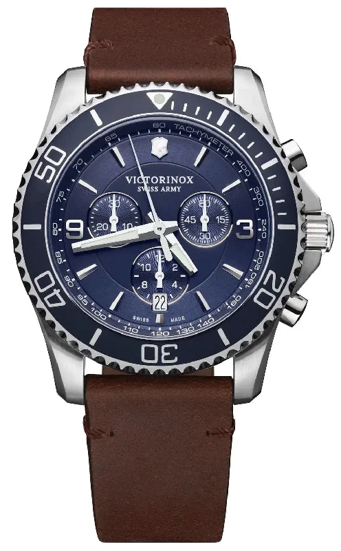 hybrid watches with eco-friendly materials and fitness tracking-Victorinox Swiss Army Maverick Chronograph Stainless Steel Brown Leather Blue Dial Date Mens Watch 241865