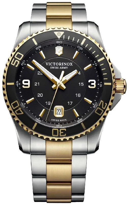 fitness watches for men with water resistance and workout tracking-Victorinox Swiss Army Maverick Two-Tone Stainless Steel Black Dial Date Mens Watch 241824